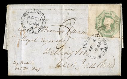 1847 (30 Oct.) entire letter from West Bordon to Capt. Bernard Collinson, Wellington, rated 8 and bearing 1847 embossed 1- green upper left corner example lightly cancelled
309 and with New Plymouth c.d.s. (4.4, additionally tying the ad