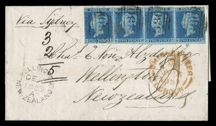 1853 (14 July) entire from Halifax Via Sydney to Wellington, bearing 1841 2d. blue Plate IV strip of four, CA-CD, with good to large margins on three sides and each cancelled
330, showing rates of 3 and 5, London Ship Letter c