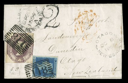 1854 (9 May) entire from Dunkeld to Otago, bearing 1841 2d. blue in combination with 1854 embossed 6d. purple each clearly cancelled 118 and showing Wellington c.d.s. (20.9),
large h.s. 2 and Otago c.d.s. (8.10), despatch and London c.d.s. on