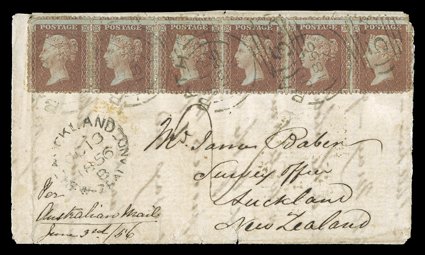1856 (6 June) front and part back Per Australian Mail from Bath to Auckland, bearing 1d. LC14 on blued paper strip of six cancelled with 53 sideways duplex, arrival c.d.s.
(13.10) below, 1859 (10 Feb.) envelope from Jersey Via Southamp