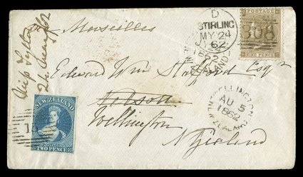 1862 (24 May.) envelope ex the Stafford correspondence from Stirling Via Marseilles to Nelson, bearing 1862-64 9d. deep bistre cancelled with 308 duplex, upon arrival
redirected to Wellington and bearing 1862 2d. deep blue with good t