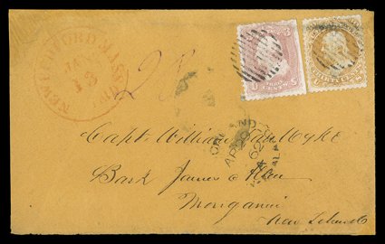 1862 (13 Jan.) yellow envelope from New Bedford, Mass. to Mangonui, bearing 1861-62 3c. pink (straight-edge at right) and 30c. orange each cancelled with oval of bars, showing
despatch c.d.s. in red at left alongside manuscript 28 and with