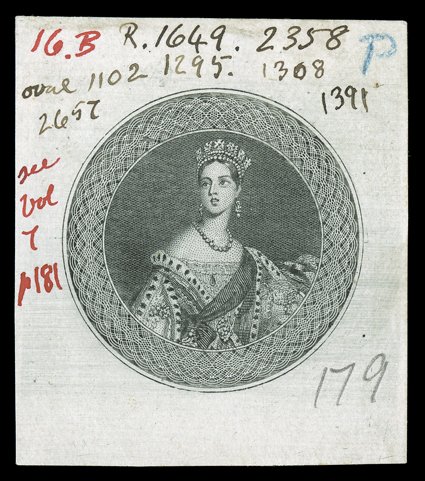 The original essay prepared by Perkins, Bacon & Co. Ltd, showing Chalon half-length portrait engraved by William Humphrys with engine-turned background and ornamental circular
surround, State 2 with circular frame-line dividing the portrait from