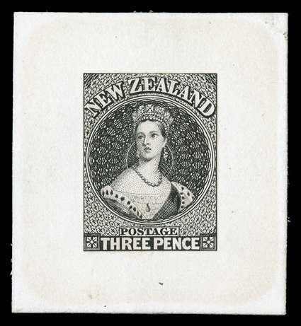 3d., stamp-size in black on India paper, affixed to card (40x43mm.). Extremely rare. Holcombe Certificate (1988). provenance: Antipodes, October 1988