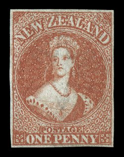 1d. dull carmine on white paper, unused without gum, good regular margins and fresh bright color. A most attractive and appealing example of this very rare classic stamp. Sc.
1 S.G. 1, £70,000.