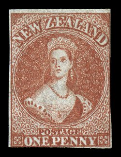 1d. dull carmine on white paper, unused without gum, clear to large margins nearly all round with the frame-line just shaved at two points, fresh bright color and a most
presentable example of this very rare stamp. Holcombe Certificate (1993). Sc