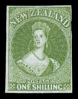 1- pale yellow-green on bleuté paper, unused without gum, good to large margins and of fresh bright color two tiny surface imperfections in the circular engine-turned
background, neither of which affect the attractive appearance of this excepti