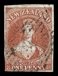 1d. dull carmine on white paper, rich colour and with good to very large margins showing trace of adjoining stamp at top, indistinct cancellation. A fine example of this rare
stamp. Holcombe Certificate (1988). Sc. 1 S.G. 1, £14,000. provenan