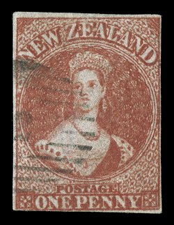 1d. dull carmine on white paper, fresh bright color, clear to large margins nearly all round with design just shaved at one point at foot, neat part 2 cancellation at left
attractive. Sc. 1 S.G. 1, £14,000.