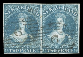 2d. dull blue on bleuté paper, a horizontal pair with good to large margins and each cancelled 9 at New Plymouth, good strong color very fine. R.P.S. Certificate (2007). Sc. 2
S.G. 2, £1,300. provenance: DuBois, May 2007