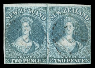 2d. dull blue on bleuté paper, a horizontal pair in a delicate light shade with good to very large margins and each lightly cancelled 10 at Wellington very fine. R.P.S.
Certificate (1971). Sc. 2 S.G. 2, £1,300.
