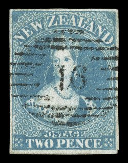2d. dull blue on bleuté paper, good to large margins and centrally cancelled 16 at Christchurch very fine. Holcombe Certificate (1992). Sc. 2 S.G. 2, £650.