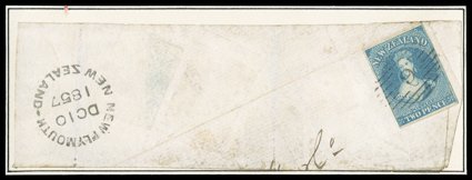 2d. dull blue on bleuté paper, two examples on large pieces with date-stamps, the first with very large margins nearly all round, cancelled 12 at Petre showing part c.d.s. and
complete Wellington c.d.s. (29.3.56) alongside the adhesive, the sec