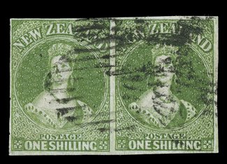 1- pale yellow-green on bleuté paper, a horizontal pair with good to very large margins, good color and sharp impressions, several indistinct obliterators the left-hand stamp
with some creasing though an extremely rare multiple with few pairs o