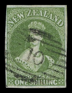 1- pale yellow-green on bleuté paper, good to large margins and neatly cancelled 10 at Wellington. Fine and attractive. Sc. 3 S.G. 3, £5,500.