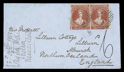 1855 (4 Oct.) envelope from Nelson to Alnwick, Northumberland, bearing 1d. dull carmine on white paper horizontal pair with large margins at top and at right, close or touched
at foot and roughly separated at left, each neatly cancelled 14 and