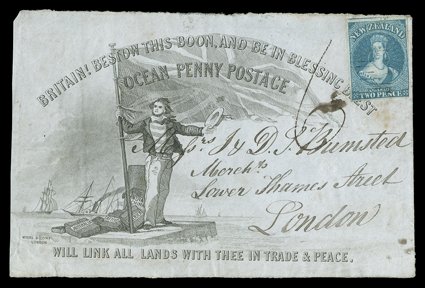 1855 (22 Dec.) Ocean Penny Postage envelope front and one flap from Otago to London, bearing 2d. dull blue on bleuté paper with clear to very large margins nearly all round
and lightly cancelled 18, manuscript 6 alongside, the rev