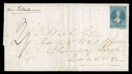 1856 (18 Feb.) entire letter from Wellington via Talcahuano to London, bearing 2d. dull blue on bleuté paper with clear to very large margins, showing trace of adjoining stamp
at foot, lightly cancelled 10, rated 2- for the recipie