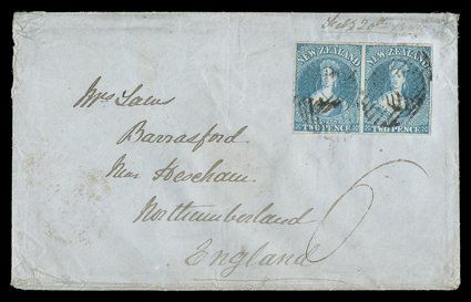 1856 (22 Feb.) envelope from Auckland to Hexham, Northumberland, bearing 2d. dull blue on bleuté paper horizontal pair with good to large margins, indistinct cancellations and
with manuscript 6 below, the reverse with despatch, London (22.6