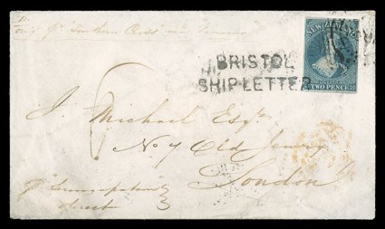 1856 (7 Mar.) envelope from Wellington to London, marked p Seringapatam direct and D. origl pr Southerrn Cross via Panama, bearing 2d. dull blue on bleuté paper, with good to
large margins, lifted for examination and hinged back