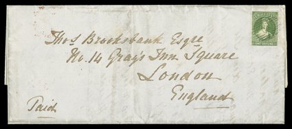 1857 (5 Dec.) entire (212x91mm.) from New Plymouth to London, bearing 1- pale yellow-green on bleuté paper with clear to very large margins and clearly cancelled 9, the
reverse with despatch c.d.s. with reversed Z and London E.C. c.d.s. (6.4