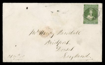 1858 (27 Oct.) envelope from New Plymouth to Bridport, Dorset, bearing 1- pale yellow-green on bleuté paper (a deep shade) with good to large margins mostly all round (roughly
separated at left affecting design at upper left corner) crisply canc