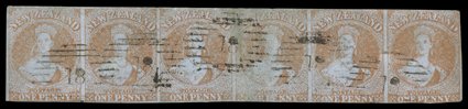1d. red, a horizontal strip of six with good to large margins in places, cancelled with five strikes of the 18 obliterator at Otago a few faults in places though a very rare
multiple. Sc. 4 S.G. 4, £10,800+.