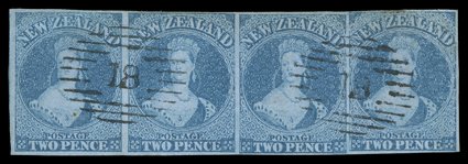 2d. blue, a horizontal strip of four with clear to large margins, each pair neatly cancelled with a single 18 at Otago a couple with small stains and one with corner crease,
otherwise fine and most attractive. B.P.A. Certificate (1994). Sc. 5