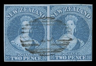 2d. blue horizontal pair with good to large margins, sharing a single indistinct obliterator fine. Sc. 5 S.G. 5, £600.