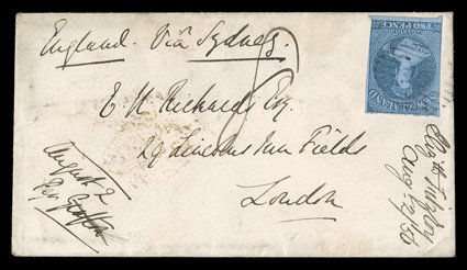 1856 (2 Aug.) envelope from Wellington Via Sydney to London, rated 8 and bearing 2d. blue with clear to very large margins nearly all round, placed inverted and lightly
cancelled 10, the reverse with light despatch c.d.s. over-cance