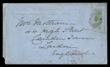 1858 (16 Aug.) envelope ex the Mottram correspondence from Otago to London, bearing 1- green with large margins on three sides and bisected vertically, cancelled and tied by
superb 18 and with London Paid c.d.s. (13.11) at foot, despat