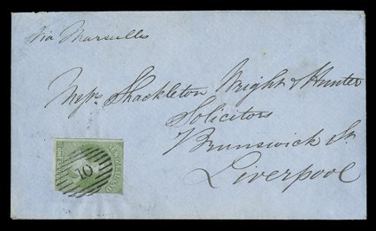 1859 (2 July) envelope from Wellington via Marseilles to Liverpool, bearing 1- green with clear to very large margins nearly all round (small scissor-cut) at lower right),
placed sideways and neatly cancelled 10, the reverse with despatc