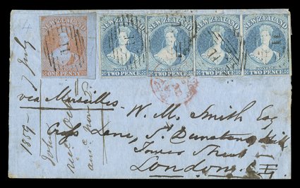 1859 (22 July) envelope from Ahuriri via Marseilles to London, bearing 1d. red with sheet margin at right in combination with 1857-63 2d. pale blue strip of three and a
single, all cancelled 11 with two of the 2d. values additionally tied