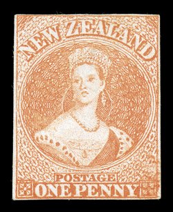 1d. dull orange on soft paper, showing burr rubbing in lower right corner, unused without gum, a fresh bright shade with small regular margins traces of thinning at top though
attractive. Sc. 7 S.G. 8, £3,000.