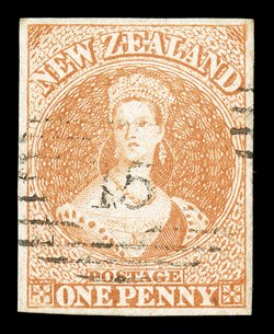 1d. dull orange on hard paper, good to large margins and of fresh bright colour, cancelled 15 at Nelson. A fine and most attractive stamp. Holcombe Opinion (1991). Sc. 7 S.G.
8, £650.