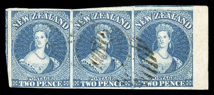 2d. deep ultramarine on soft paper, a marginal horizontal strip of three from the right of the sheet, 5mm. sheet margin and with clear to exceptionally large margins on the
other sides with traces of two adjoining stamps, twice largely lightly ca