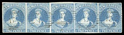 2d. blue on soft paper, a horizontal strip of five with clear to very large margins, fresh colour and sharp impressions, each neatly cancelled 17 at Christchurch a couple of
trivial imperfections, otherwise fine. A rare and attractive multiple