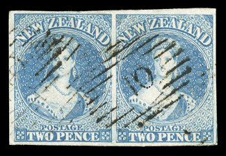 2d. blue on soft paper, a horizontal pair with good to very large margins, twice cancelled 10 at Wellington fine. Sc. 8 S.G. 10.