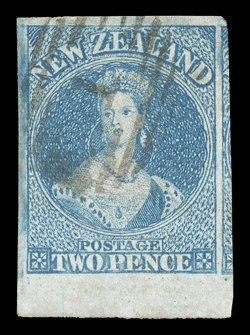 2d. blue on hard paper, a huge example from the foot of the sheet, 4½mm. sheet margin at foot with the other three sides having large to extremely large margins showing
portion of adjoining stamp at right, neatly cancelled 1 at Auckland. An exc