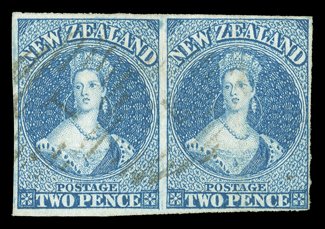 2d. bright blue on hard paper, a horizontal pair with clear to very large margins, twice lightly cancelled 1 at Auckland fine.
