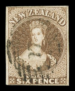 6d. bistre-brown on soft paper, clear to large margins and neatly cancelled 17 at Rangiora sound. Sc. 9a S.G. 12, £500.