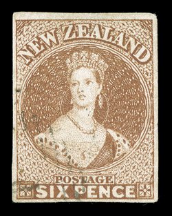 6d. brown on soft paper, two contrasting shades with good to very large margins, each cancelled leaving portrait almost entirely clear both with a trace of thinning though of
very fine appearance. Holcombe Opinion (1991) for one. Sc. 9 S.G. 13,