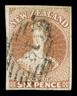 6d. chestnut on hard paper, good to large margins and clearly cancelled 18 at Otago tiny patch of discolouration at upper right corner, otherwise sound. Sc. 9f S.G. 15,
£550.