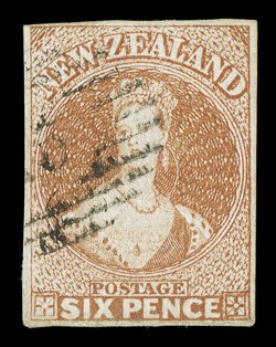 6d. chestnut on hard paper, good to large margins and cancelled 15 at Nelson sound. Sc. 9f S.G. 15, £550.