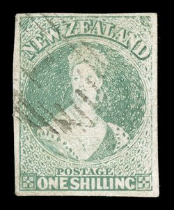 1- emerald-green on soft paper, showing dry ink impression at right, good to large margins, neatly cancelled 1 at Auckland, good colour and fine. Holcombe Certificate (1985).
Sc. 10a S.G. 16, £1,700.