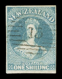 1- blue-green on hard paper, a bluish shade with good to large margins and neatly cancelled 15 at Nelson trace of a thin, otherwise sound. Sc. 10 S.G. 17,
£1,700.