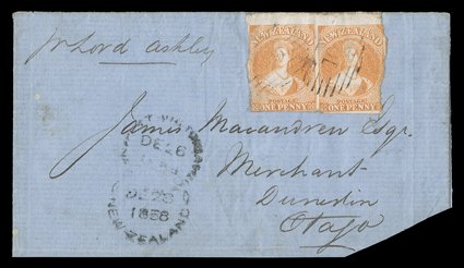 1858 (24 Dec.) large part entire (lower right corner truncated) from Wellington pr Lord Ashley to Dunedin, bearing 1d. dull orange marginal pair with 3mm. sheet margin at top
and roughly separated elsewhere affecting the design in places, t