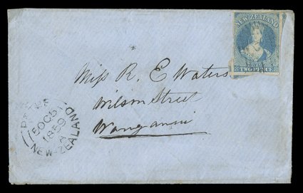 1859 (5 Oct.) envelope from New Plymouth to Wanganui, bearing 2d. pale blue with clear to very large margins nearly all round and showing portions of four adjoining stamps
(vertical crease at right), cancelled (not tied) 6 and with Petre arriva