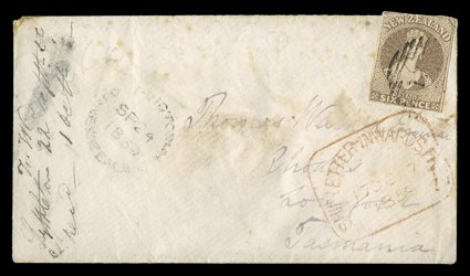 1859 (22 Sept.) envelope from Lyttelton (recipients manuscript notation at left) to Tasmania, bearing 6d. brown lightly cancelled 17 at Christchurch and showing framed ship
letter inwards free d.s. (17.10) in red below, Port Victoria c