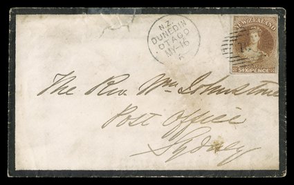 1862 (16 May) mourning envelope (small faults) from Dunedin to Post Office Sydney, bearing fine 6d. bright brown with four good to large margins and cancelled 18, despatch
c.d.s. alongside, the reverse with Sydney Ship Letter c.d.s. (30.5